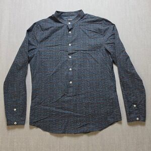 Calliope Button Down Shirt Mens L Blue Brown Geometric Band Collar Cotton